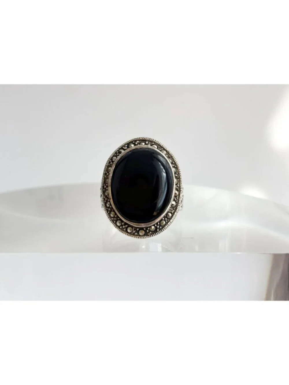 Black Onyx & Marcasite Art Deco Cutout Sterling Silver 925 Vintage Ring - sz 8